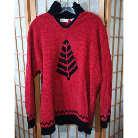 Sigrid Olsen Sport Red Chenille Sweater L Nordic Tree Knit Pullover Christmas - Picture 1 of 14